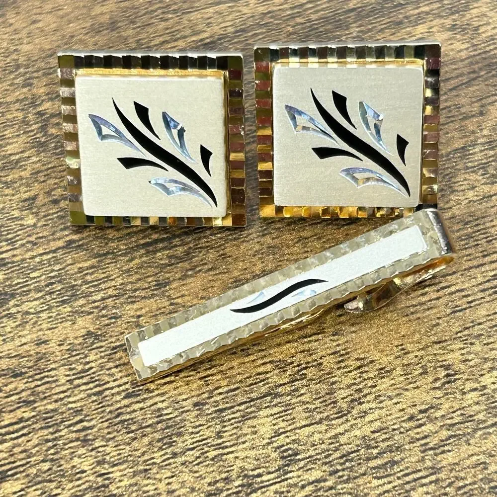 Swank Gold Plated Cufflinks Diamond Cut Square Vintage Tie Clip Prong Set